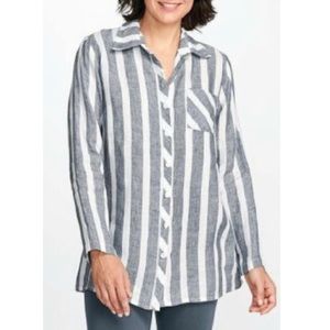 FLAX Bias Back linen white gray striped button down shirt top long sleeves